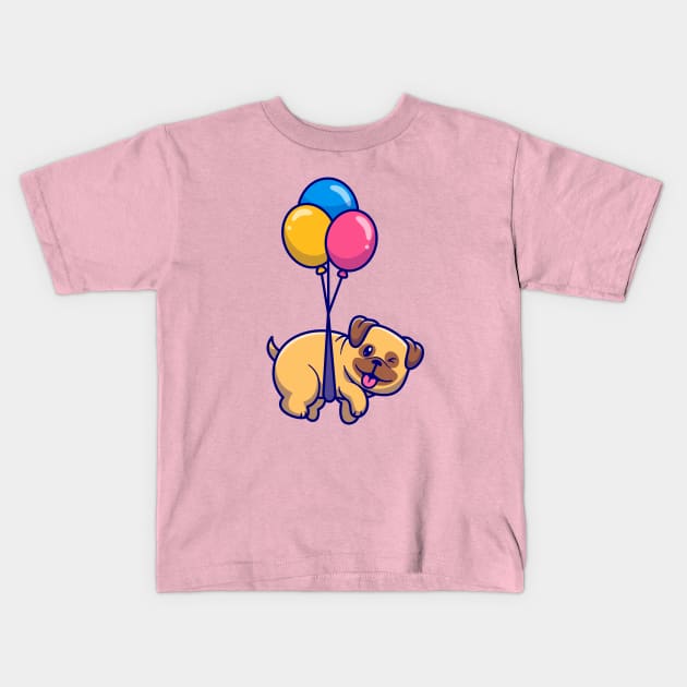 Cute Pug Dog Floating With Balloon Cartoon Kids T-Shirt by Catalyst Labs